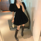 French Black Dress Women Audrey Hepburn Flannel V Neck Short Skirt Puff Short-Sleeve Sexy Party Elegant Fluffy