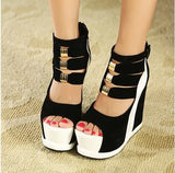 Shoes 2020 Summer Genuine Women Platform Thick Soles Sandals Wedges High heel 14cm Peep Toe Mixed Colors Sexy