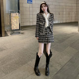Fashion 2021 Autumn 2 Pieces Set Elegant Vintage Plaid Tweed Long Sleeve Jackets Coat + Irregular A-Line Mini Skirts