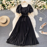 Zingj Retro Solid Color Temperament French Collar Hepburn Style Short-Sleeved Waist Show Thin Pleated Dress Large