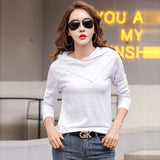 Sleeve Hooded T-shirt Bamboo Cotton Autumn Winter Tops New 2021 T Shirt Women Casual Patchwork Tee Shirt Femme White