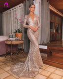 Long Rose Gold Sequin Evening Party Dress Vestido De Festa Robe Long Sleeve Gowns Formal Party Dress Reflective
