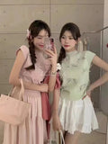 Wind Pink Bow Short-Sleeved Sweater Summer Design Wrinkled Slim Small Flying Sleeve Chic