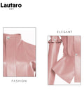 Spring Autumn Short Stylish Chic Pink Shiny Reflective Patent Pu Leather Jacket Women with Detachable Long Sleeves