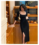 Retro Casual Autumn New Sexy Party Knitted Dress Slim Slit Mid-Length Elegant Female