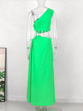 Fashion One Shoulder Green Long Dress Women Hollow Out Bodycon Summer Beach Dresses Side Split Wedding Party Vestidos