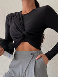 Solid Round Neck Knotted T Shirts Autumn Elegant Fashion Female Crop Tops Sexy Casual Long Sleeve Slim Skinny Tee