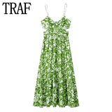 2023 Cut Out Slip Long Dress Women Summer Green Floral Dress Woman Pleated Backless Sexy Party Dresses Beach Holiday