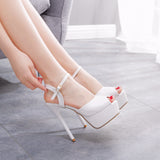 Mouth High Heeled Sandals Fine Heel White Wedding Shoes Bridal Shoes White Buckle Sandals Large