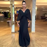 Zingj New Fall 2023 Solid Color V-Neck Bat Sleeve High-Waisted Dress-Outfit