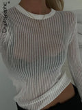 Fashion White Elegant Striped See Through Women Tops Outfits Long Sleeve T-Shirts Tees Skinny Club Party