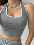 Contrast Trim Cropped Halter Tank Top-Outfit