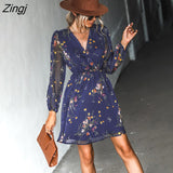 PETAL V-neck Chiffon A-Line Mini Dress Woman Navy Floral Sexy Long Sleeve Party Dress 2023 Spring Autumn Female