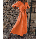 Spot 2025 Autumn New Fashion Temperament High Waist V-Neck Long Holiday Cotton And Linen