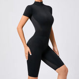 Zingj Waist Open Collar Zipper Short Sleeve Yoga Onesie Women's Net Fitness Tight Sports Onesie 41180-Outfit