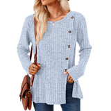 Zingj New Round Collar Solid Color Splicing Button Long Sleeve Loose T Shirt Women-Outfit