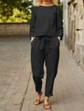 Women's Fashion Solid Color Casual Pocket Two-piece Simple Retro Elastic