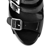 Onlymaker Women's Platform Buckle Belts Chunky 15~16cm Round Heel Peep Toe Black and Red Fashion Zipper Sandals For