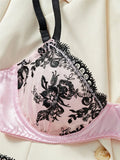 Pink Satin Black Lace Patchwork Lingerie Set- Outfit