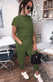 Tracksuits Set Lounge Wear Short Sleeve Tops Long Pants 2pcs Women Sweat Suits Elastic Waist Casual Solid 2020