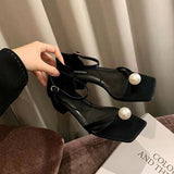Head Pearl With Thick Heel Sandals Woman 2025 Summer Fairy Wind Clip Roman