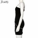 Kpop Metal Chain Design Mini Dress Women Summer Solid Black Slim Sleeveless Fairy Grunge Bodycon Dress Party Clubwear