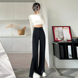 Open Fork Micro La Suit Pants Female Spring And Summer Design Feeling Vertical Feeling Straight Tube High Waist Show Thin Small Narrow Version Wide Leg Pants-Outfit