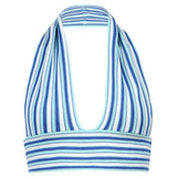 Summer Deep V Neck Striped Sexy Halter Neck Tank Top Sleeveless Backless Crop Tops Tees Women Tie Up Beach Party