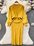 Winter Women Knitted Sets Fashion Breading Long Sleeve Pearl Sweater+Knitted Camis Dress Sets Fashion Sweater