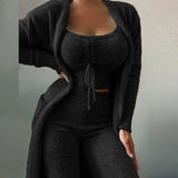 Women Solid Suits 2022 Spring Fleece Homewear 3pcs Set Sexy Drawstring Vest + Elastic Waist Shorts + Cardigan Pocket