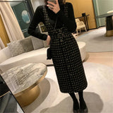 Plaid Tweed Two Piece Dress Set Autumn Winter Slimming Sleeveless Vest Dress Suit Office Ladies Woolen Jacket
