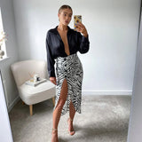 Zebra Stripes Print Women Midi Skirt High Waist Pleat Summer Elegant Side Split Casial