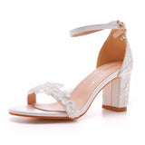 Cm Thick Heel Sandals Shallow Mouth With Square Buckle Sandals White Lace Wedding Shoes High