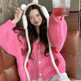 Strawberry Sweater Soft Waxy Cardigan Coat Autumn And Winter 2024 Loose Female V-Collar Coarse Wool Knitting