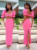 Women Two Piece Skirt Set Square Collar Princess Sleeve Top Slim Bright Line Decoration Dress Suit New Evening Party