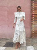 Half High Collar Hollow Out Mesh Maxi Dress Women Long Sleeve Slim A-line Dresses 2024 Fashion Lady Party Club