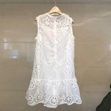 Floral Embroidery Hollow Out Lace Crochet Ruffles Dress 2020 Summer Women 's Sleeveless O-neck A-Line Mini Vest