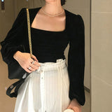 Women Solid Puff Sleeve Stylish Blouses Vintage Retro Simple Chic Velour Slim Womens Basic Long Sleeves Popular New