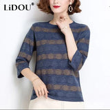 autumn Korean style ice silk striped print loose sweater women 3/4 sleeve casual fashion knitting pullover female