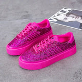 Women's Sparkly Flat Sneakers, Lace-up Mesh Casual Sneakers, Shiny Platform, Comfortable Knit Vulcanized Plus Size
