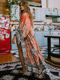 Bikini Cover-ups Pink Boho Print Self Belted Front Open Long Kimono Dress Beach Tunic Women Swim Suit Cover Up