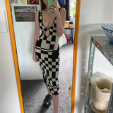 Summer V Neck Vintage Plaid Bodycon Dress Casual Sleeveless Checkered Midi Dresses Laides Hollow Out Party