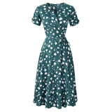 Print Summer Bohemian Dress Women V Neck Short Sleeves Yellow Blue Green Chiffon Beach Midi Female Wrap Long