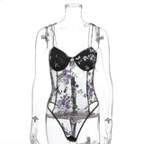 new Purple Floral Embroidery Lace Bodysuits Womens Bow Strappy Sexy Mesh Body suit Transparent Bodycon