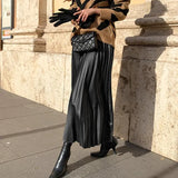 Black Solid PU Leather Elegant Midi Skirt Spring High Waist Office Ladies A-Line Pleated Skirts Faux