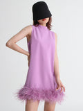 Zingj Design Sense Solid Color A-Line Skirt 2024 Spring Round Collar Sleeveless Hem Ostrich Hair Decoration Loose
