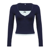 V-neck Lace Patchwork Bow Long Sleeve TeeOutfit