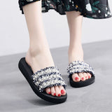 Heel Colored Pearl Women Slippers Flat Bottom Flip Flops Seaside Holiday Beach Shoes Outside Non-Slip Slides flower