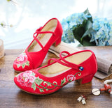 Zingj Heel Shoes Thick Heel Women's Shoes With Embroidered Cloth Shoes Cloisonne Blue Button Embroidered Peony Dance