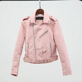 2020 Spring Autumn Women Faux Soft Leather Jacket Long Sleeve Pink Biker Coat Zipper Design Motorcycle PU Red